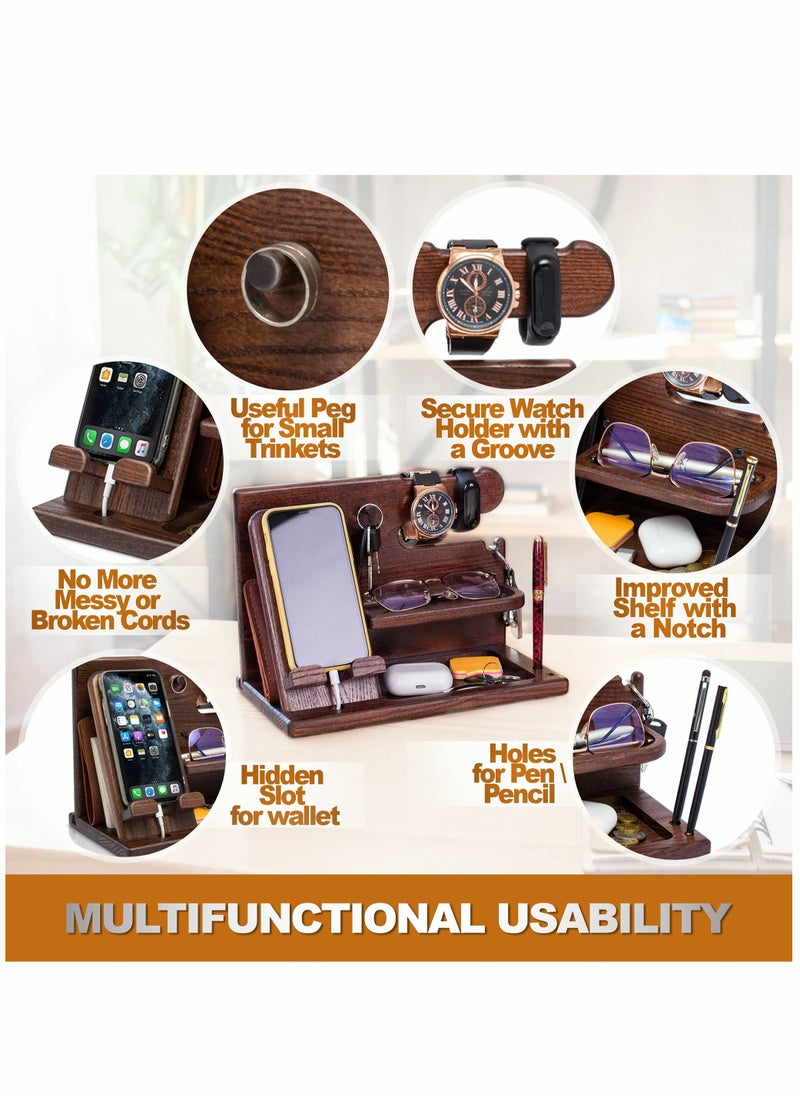 Wood Phone Docking Station Ash Key Holder Stand Watch Organizer Men Husband Wife Anniversary Dad Birthday Nightstand Purse Father Graduation Male Travel Idea Gadgets