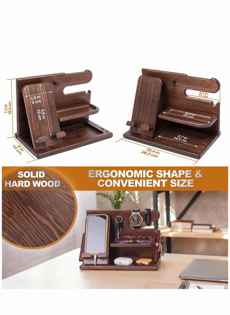 Wood Phone Docking Station Ash Key Holder Stand Watch Organizer Men Husband Wife Anniversary Dad Birthday Nightstand Purse Father Graduation Male Travel Idea Gadgets