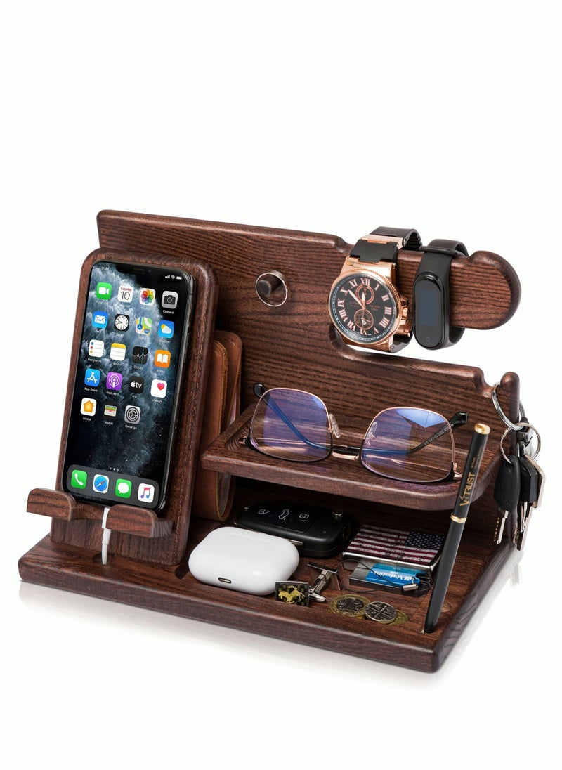 Wood Phone Docking Station Ash Key Holder Stand Watch Organizer Men Husband Wife Anniversary Dad Birthday Nightstand Purse Father Graduation Male Travel Idea Gadgets