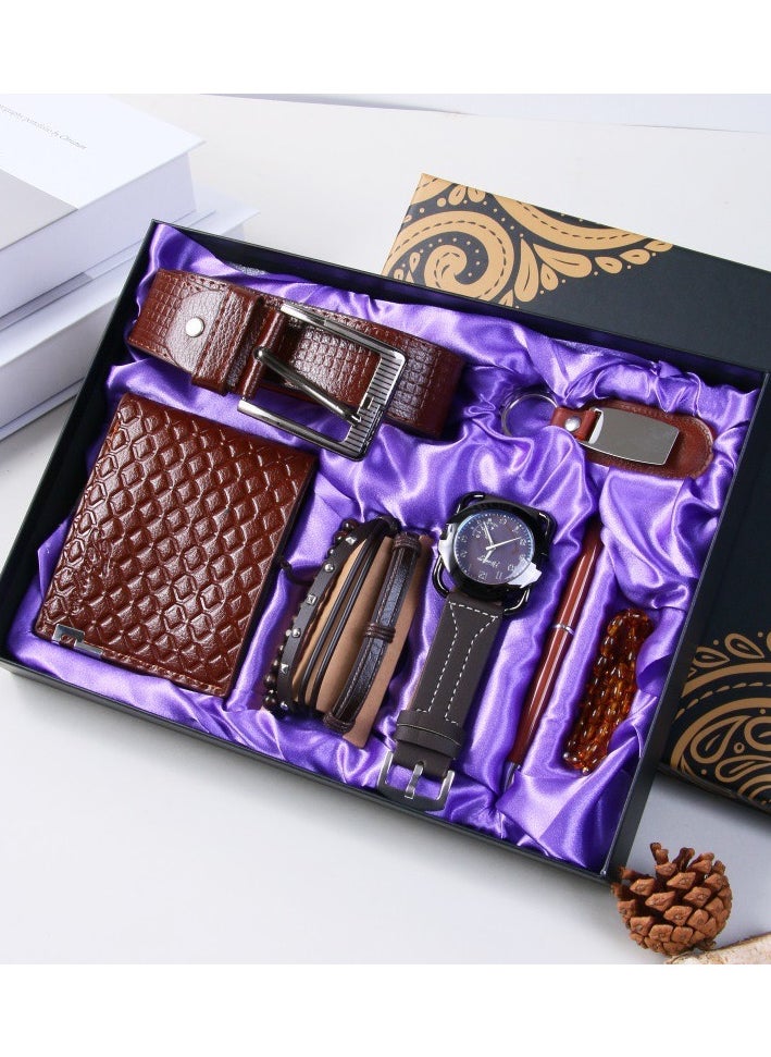 Corporate Luxury 7 Leather Sets Watch Wallet Belt Bracelet Key Chain Ballpoint Pen Rosary Box For Present Business Men Gift Set