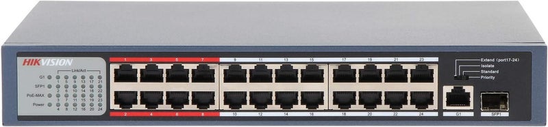 24 Port Fast Ethernet Unmanaged POE Switch, 2410/100 Mbps PoE Port, 1Gigabit RJ45 Pogrt, 1*Gigabit Fiber Optical Port, 300m Long Range PoE, 6KV Surge Protection, 8.8Gbps Switching Capacity, 2.75 Mbits, Metal, DS-3E0326P-E/M(B) Blue