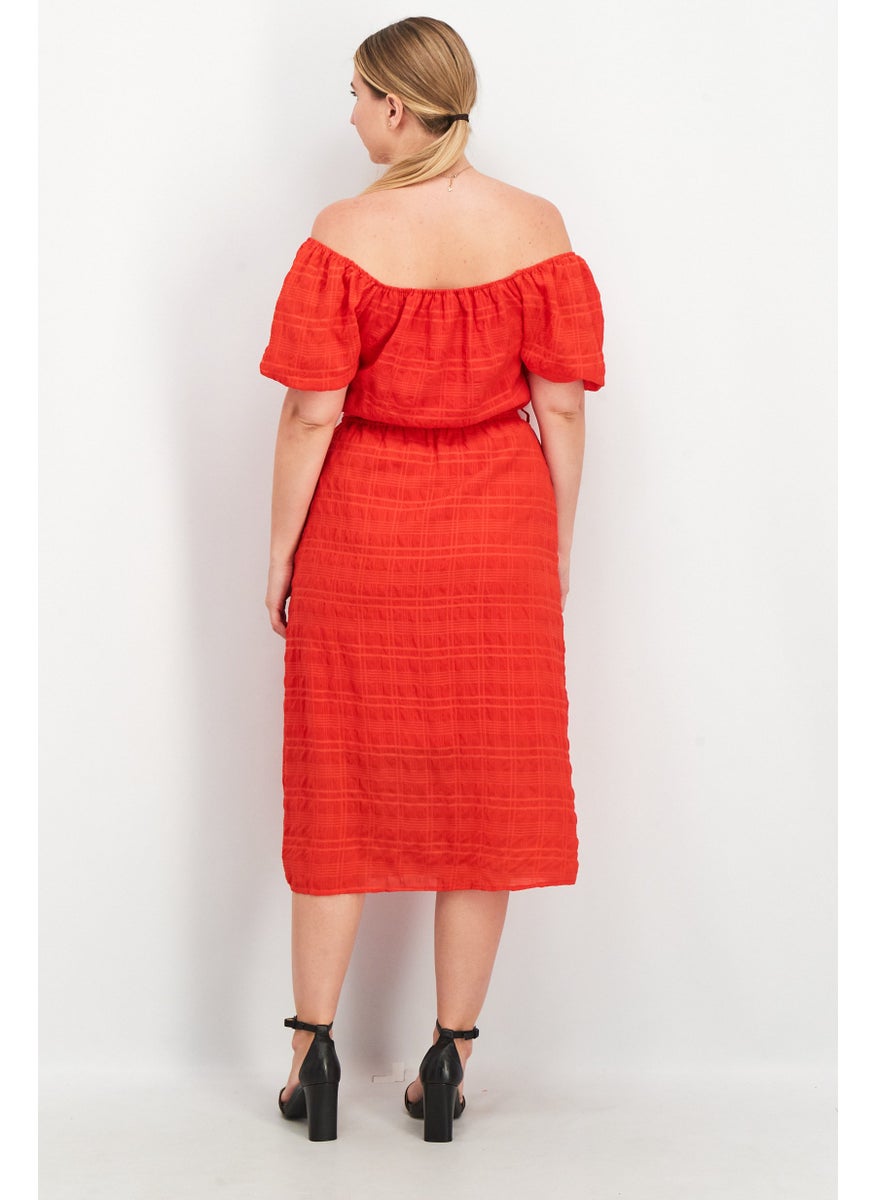Women Off Shoulder Textured Midi Dress, Red