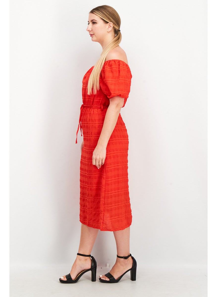 Women Off Shoulder Textured Midi Dress, Red