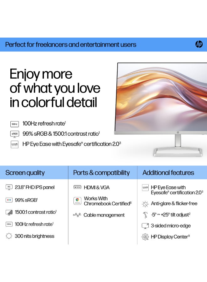 Series 5 524SF Monitor, 23.8″ FHD IPS Display, 100Hz Refresh Rate, 5ms (GtG with Overdrive) Response Time, Tilt Adjustable, 16.7m Color Support, Anti-glare; HP Eye Ease, Black Black
