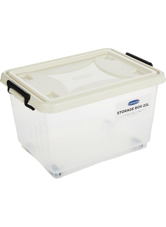 132L Clear Plastic Set of 2 Storage Box with Wheels Lockable Lid (Off White)