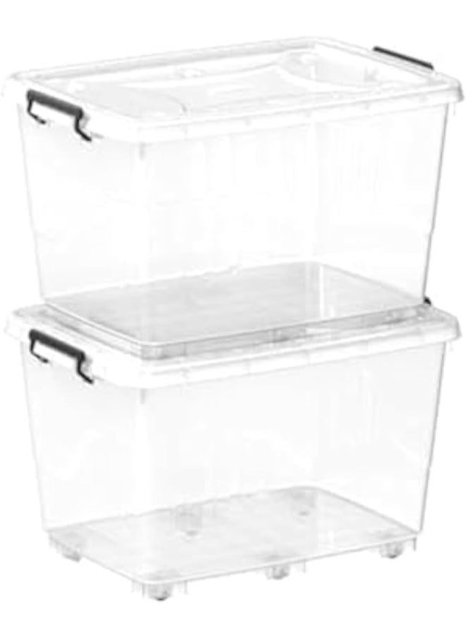 132L Clear Plastic Set of 2 Storage Box with Wheels Lockable Lid (White)