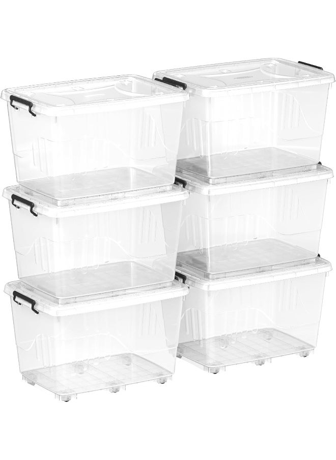 82L Clear Plastic Storage Set of 6 Box with Wheels & Lockable Lid