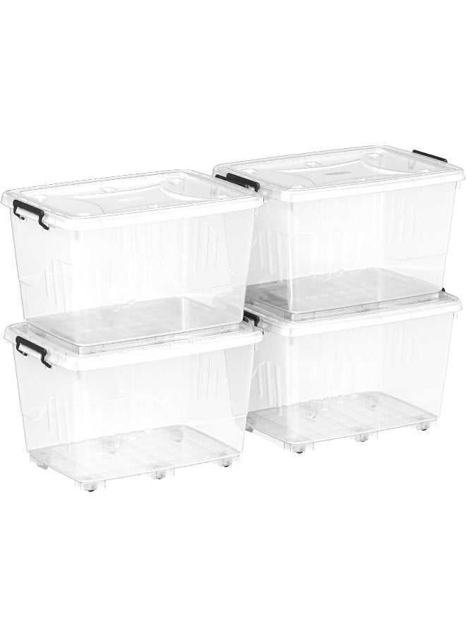82L Clear Plastic Storage Set of 4 Box with Wheels & Lockable Lid