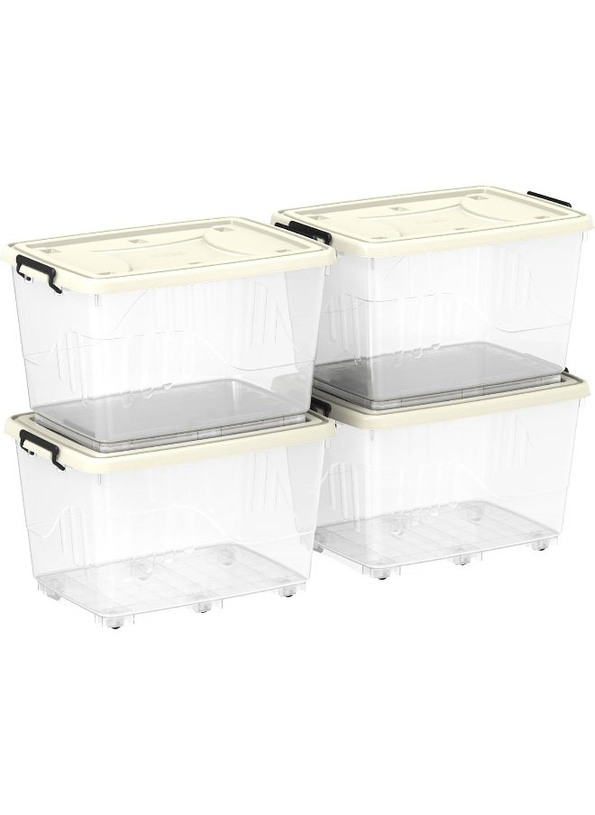 132L Clear Plastic Set of 4 Storage Box with Wheels Lockable Lid (Off White)