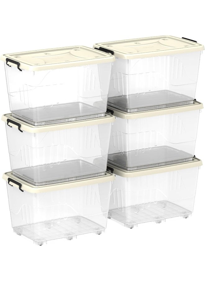 132L Clear Plastic Set of 6 Storage Box with Wheels Lockable Lid (Off White)