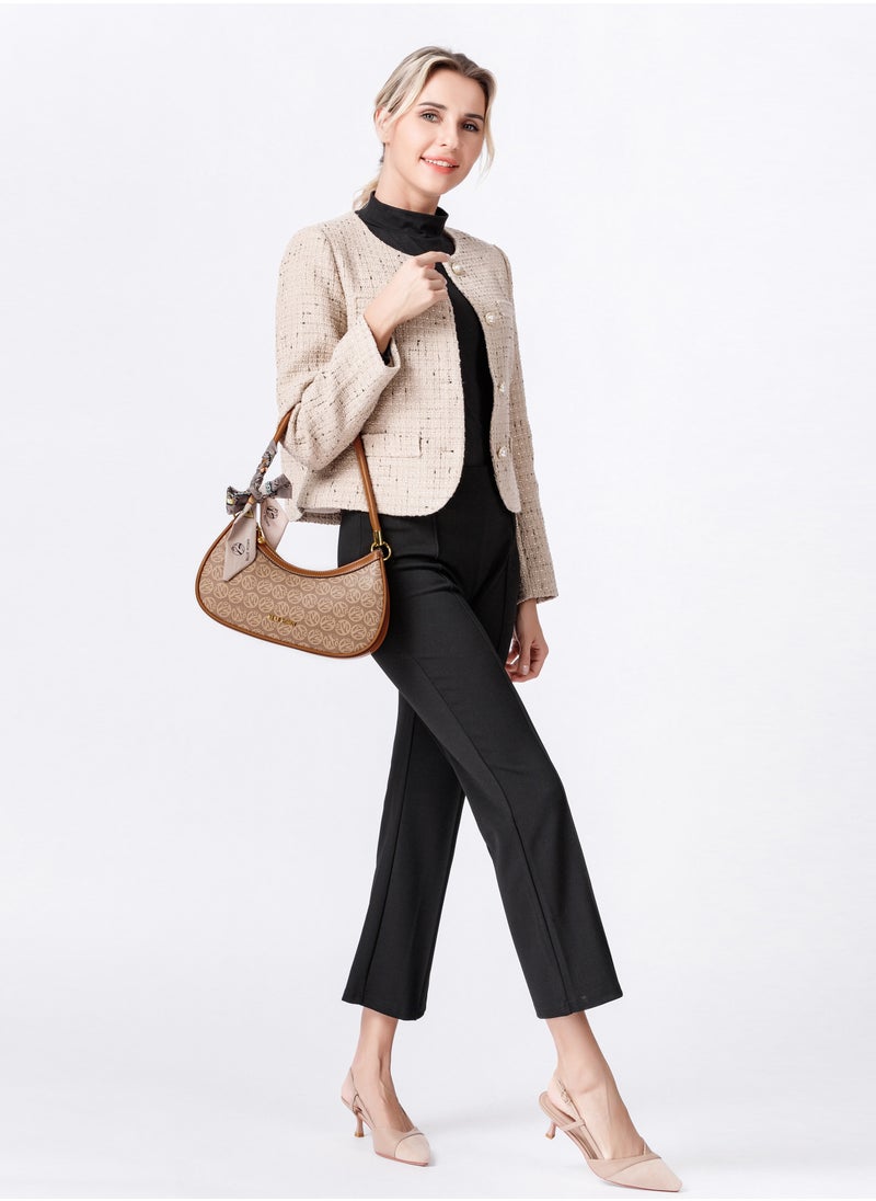Quiet Luxury Elegant Portable Brown Color Shoulder Bag With Scarf Decoration,Fashionable Hobo Bag For Vacation, For College students, for Women, Rookies & White-collar Workers