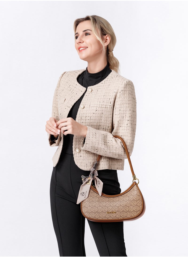 Quiet Luxury Elegant Portable Brown Color Shoulder Bag With Scarf Decoration,Fashionable Hobo Bag For Vacation, For College students, for Women, Rookies & White-collar Workers