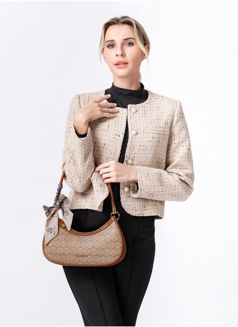 Quiet Luxury Elegant Portable Brown Color Shoulder Bag With Scarf Decoration,Fashionable Hobo Bag For Vacation, For College students, for Women, Rookies & White-collar Workers