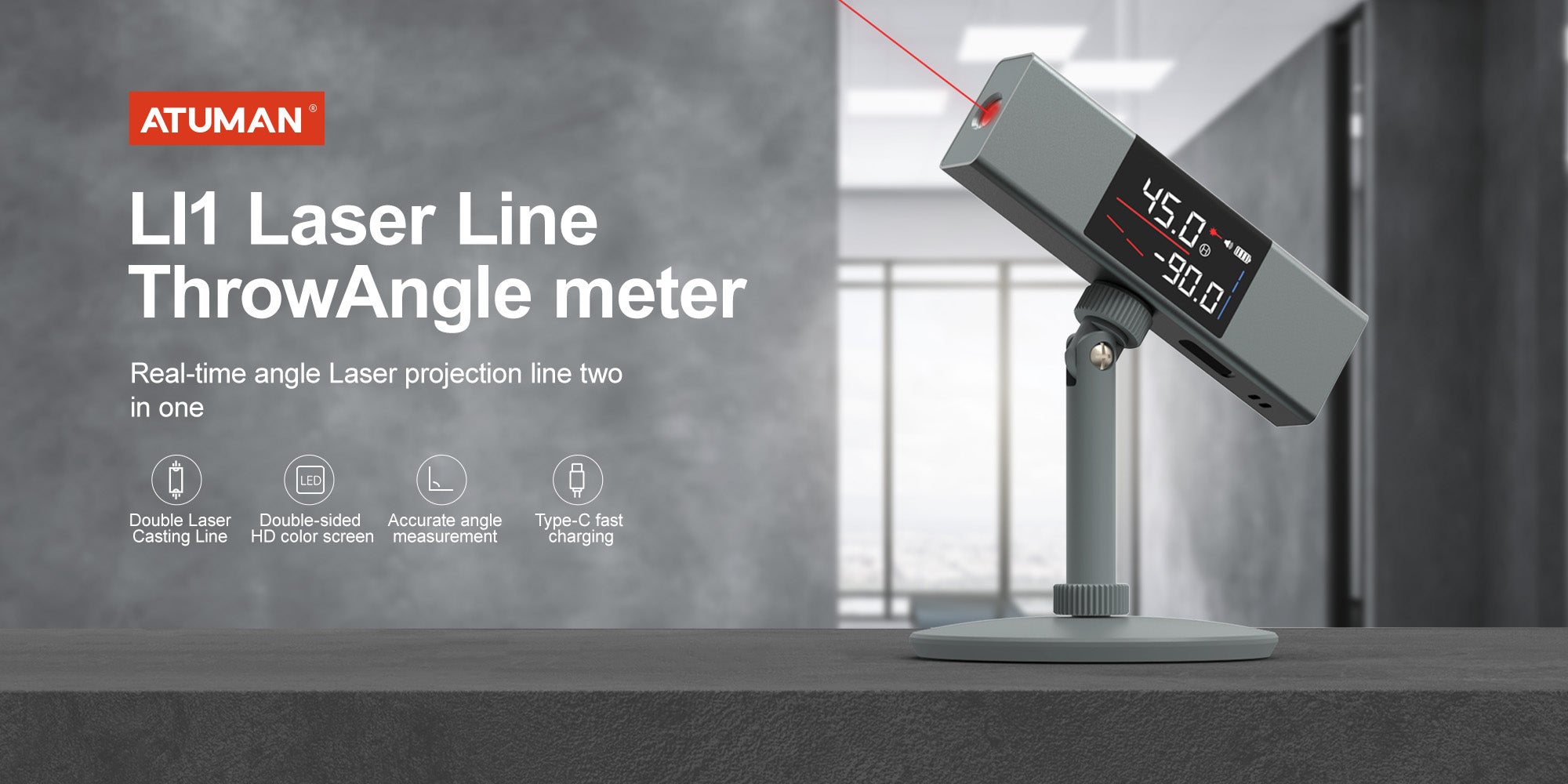 ATuMan LI1 Dual Laser Angle Meter Digital Inclinometer Protractor 4 * 90° Digital Angle Finder Gauge Precision Goniometer with LCD Display for Sawing/Decoration/Woodworking