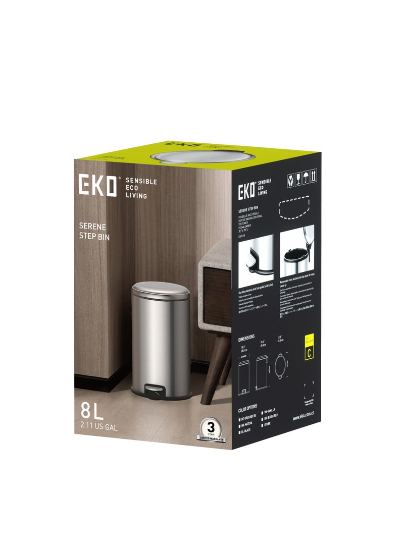 EKO 8L Pedal Bin Serene - Silver | Compact Step Round Bin with Soft-Close Lid | Fingerprint-Resistant Finish | Removable Inner Liner | Bag Stabilizer