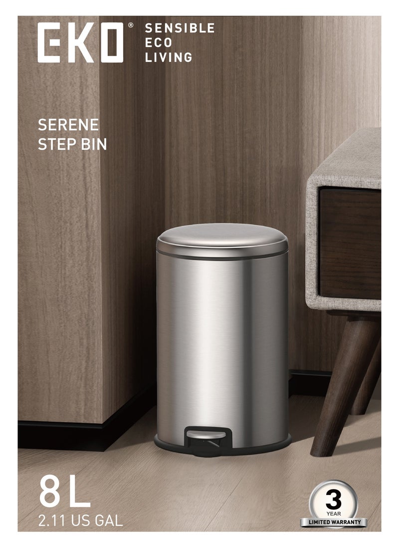 EKO 8L Pedal Bin Serene - Silver | Compact Step Round Bin with Soft-Close Lid | Fingerprint-Resistant Finish | Removable Inner Liner | Bag Stabilizer