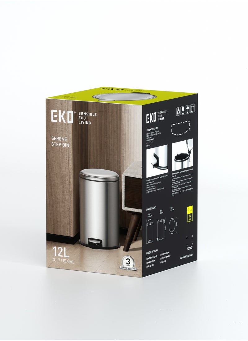 EKO 12L Pedal Bin Serene - Silver | Compact Step Round Bin with Soft-Close Lid | Fingerprint-Resistant Finish | Removable Inner Liner | Bag Stabilizer