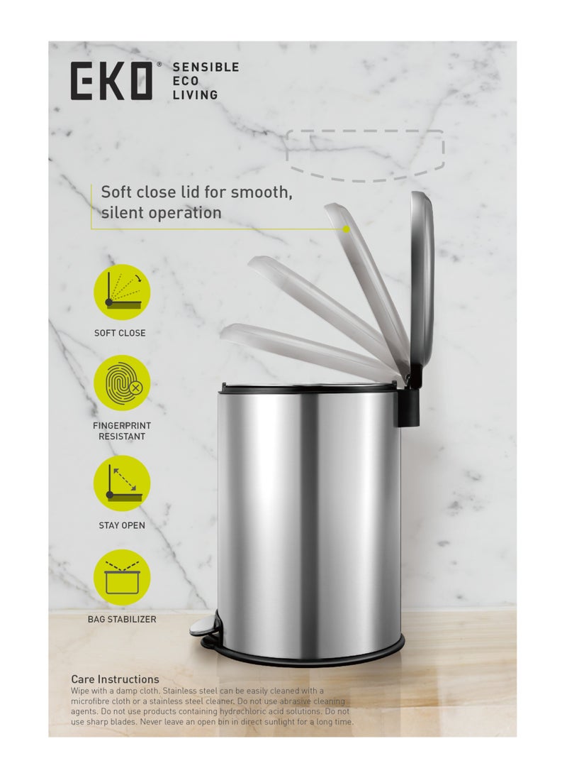 EKO 12L Pedal Bin Serene - Silver | Compact Step Round Bin with Soft-Close Lid | Fingerprint-Resistant Finish | Removable Inner Liner | Bag Stabilizer