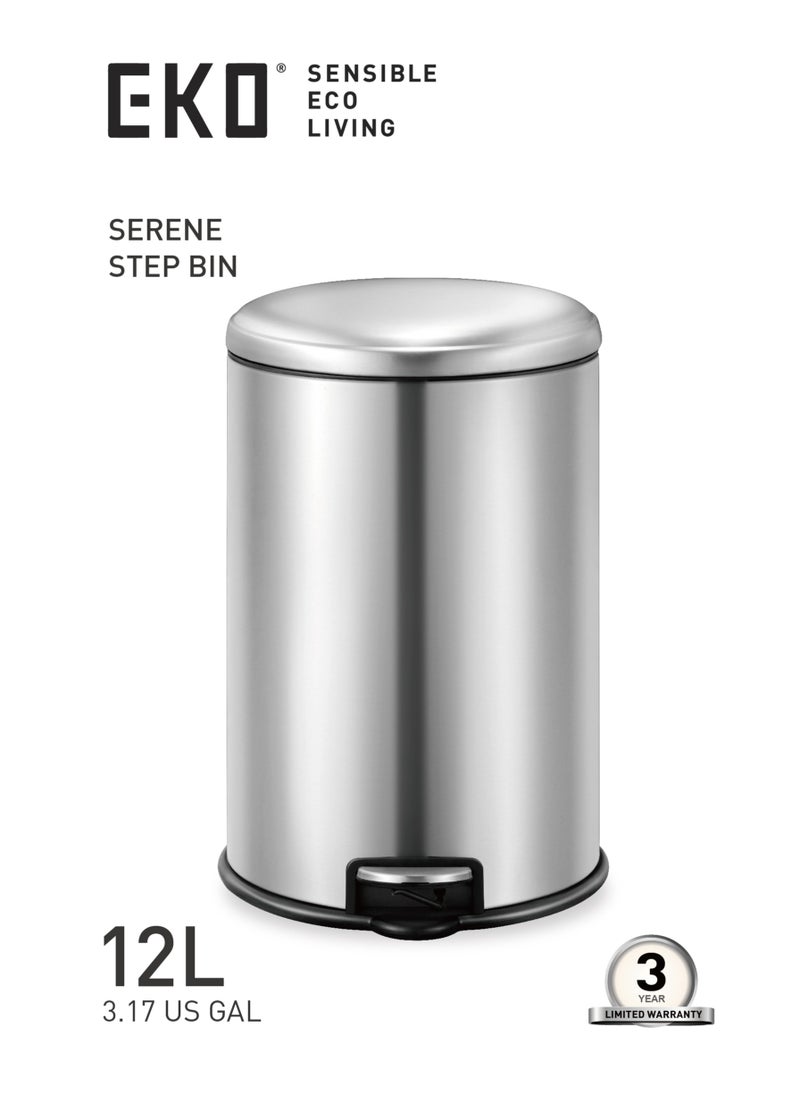 EKO 12L Pedal Bin Serene - Silver | Compact Step Round Bin with Soft-Close Lid | Fingerprint-Resistant Finish | Removable Inner Liner | Bag Stabilizer