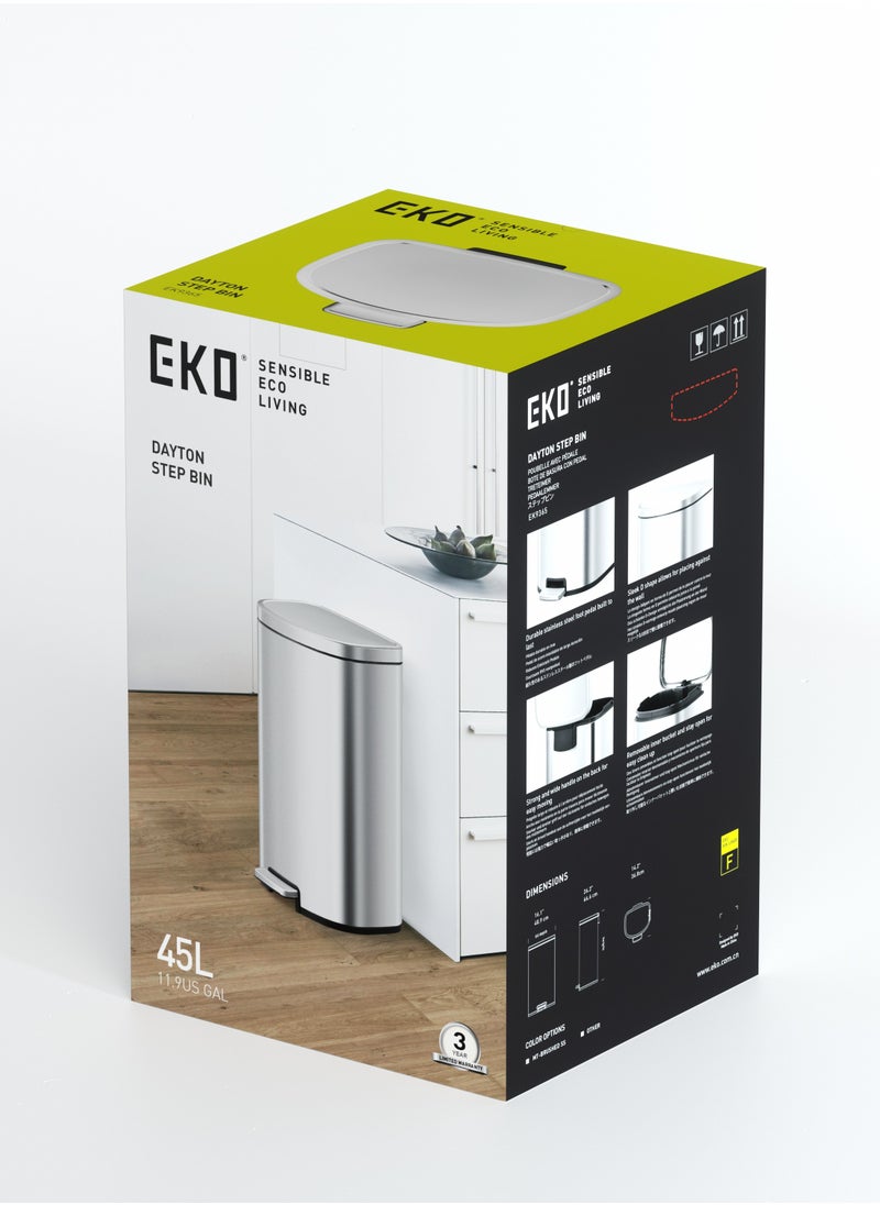 EKO 45L Pedal Bin Dayton - Silver | Extra-Large Capacity Step Bin with Soft-Close Lid | Plastic Bag Fixer | Removable Inner Bucket | Durable D Shape Design