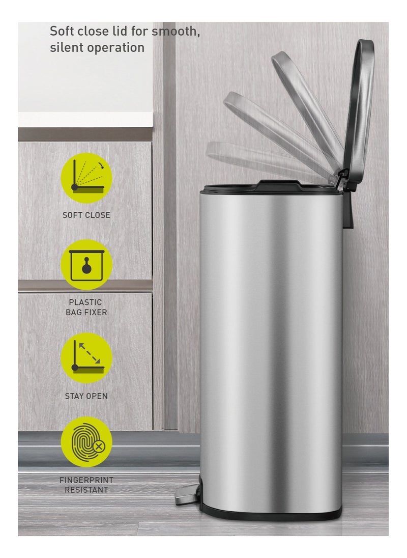 EKO 45L Pedal Bin Dayton - Silver | Extra-Large Capacity Step Bin with Soft-Close Lid | Plastic Bag Fixer | Removable Inner Bucket | Durable D Shape Design