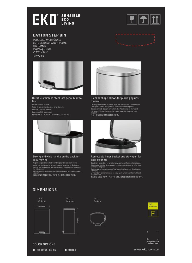 EKO 45L Pedal Bin Dayton - Silver | Extra-Large Capacity Step Bin with Soft-Close Lid | Plastic Bag Fixer | Removable Inner Bucket | Durable D Shape Design