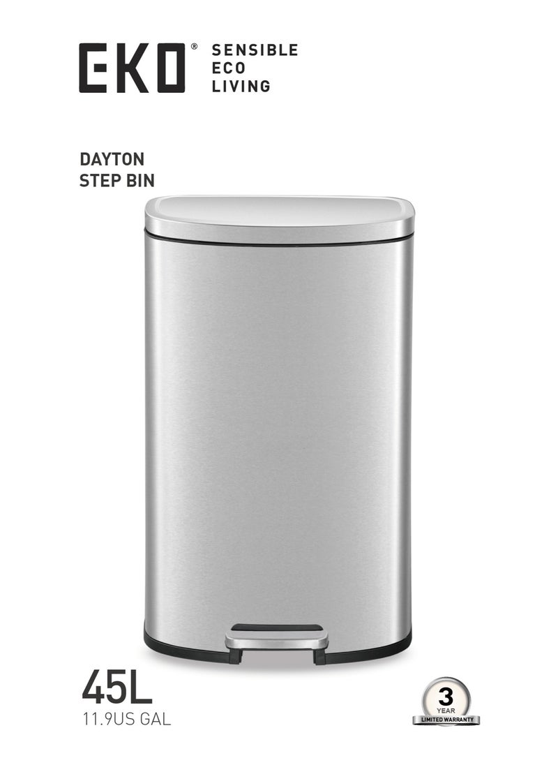 EKO 45L Pedal Bin Dayton - Silver | Extra-Large Capacity Step Bin with Soft-Close Lid | Plastic Bag Fixer | Removable Inner Bucket | Durable D Shape Design