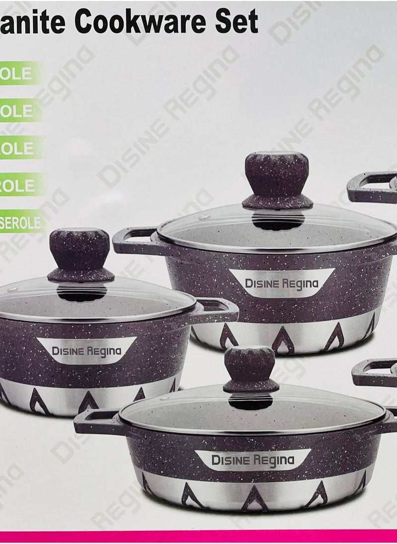 10-Piece Non Stick Durable Granite Cookware Set Grey/Clear Very Small Casserole 20, Small Casserole 24, Medium Casserole 28, Large Casserole 32, Shallow Casserole 28cm Grey/Clear Very