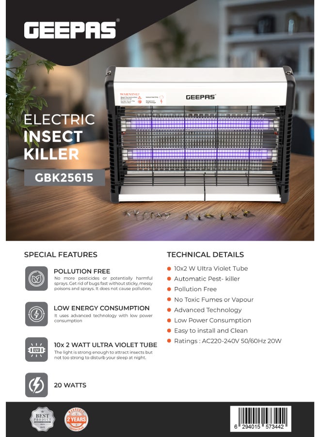 Electric Insect Killer 20W 2X10 W Ultra Violet Tubes | Automatic Pest-Killer with Advanced Technology| No Toxic Fumes or Vapor| No Pollution Healthful| Low Energy Consumption Ideal for Office, Home, Hotels & Commercial Use 20 W GBK25615 Silver/Black
