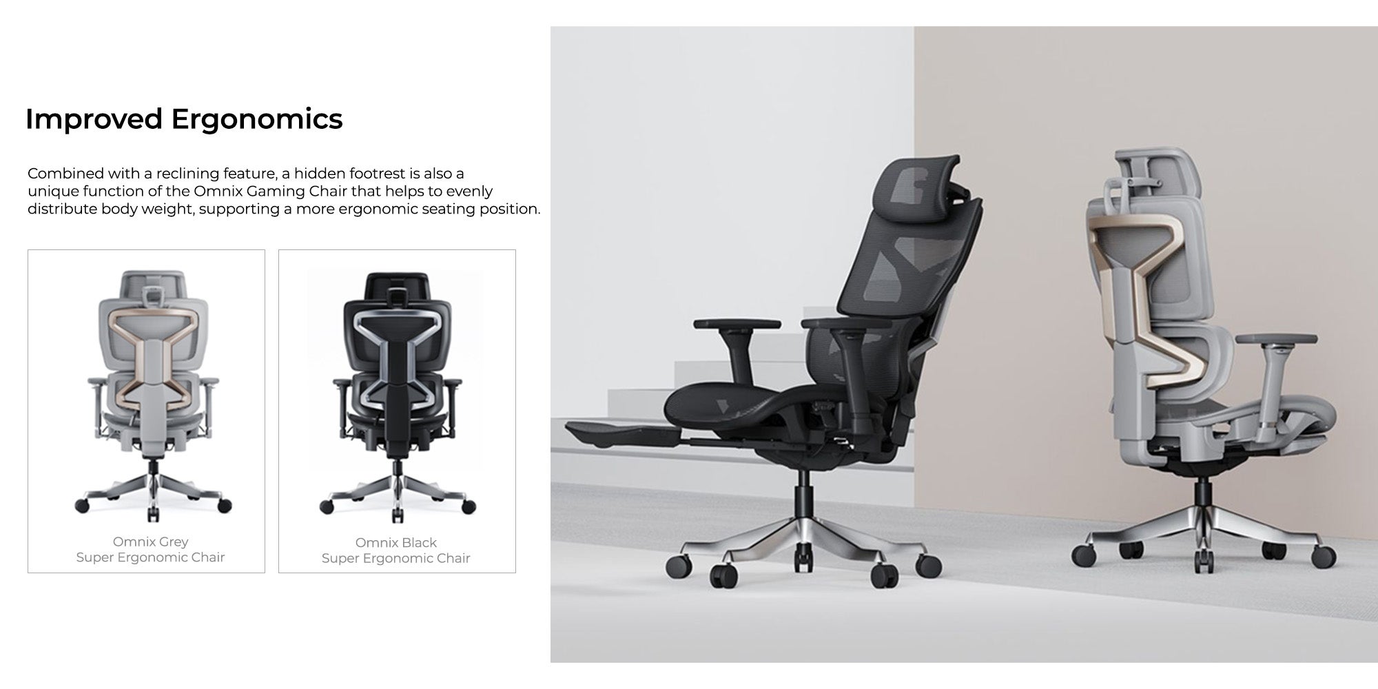 AFTERWORK Omnix Super Ergonomic Gaming Chair with Hidden Footrest, 3D Adjustable Headrest, 4D Armrests, Adjustable Lumbar, Seat Slider, and 4-Position Tilt Lock – Black & Dark Grey