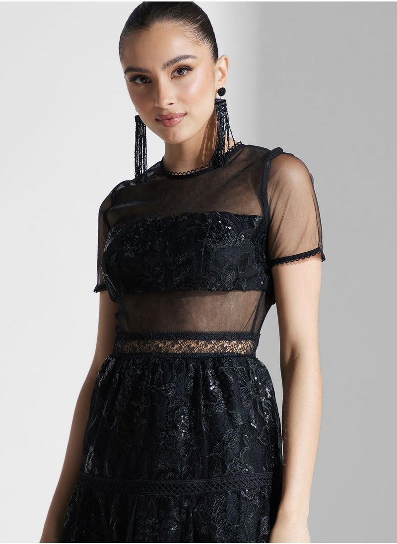 Sequin Embroidered Panelled Skater Midi Dress