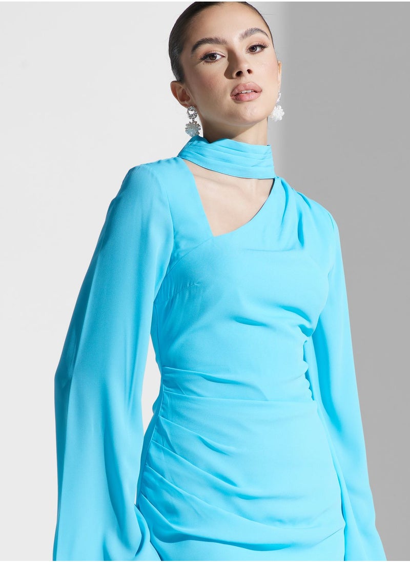 Cut Out High Neck Flute Sleeve Dress