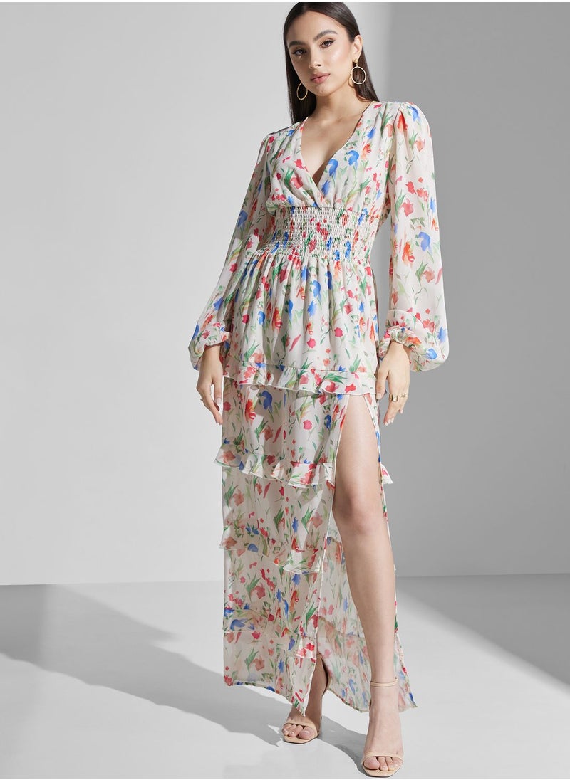 Ruched Waist Ruffle Floral Dress