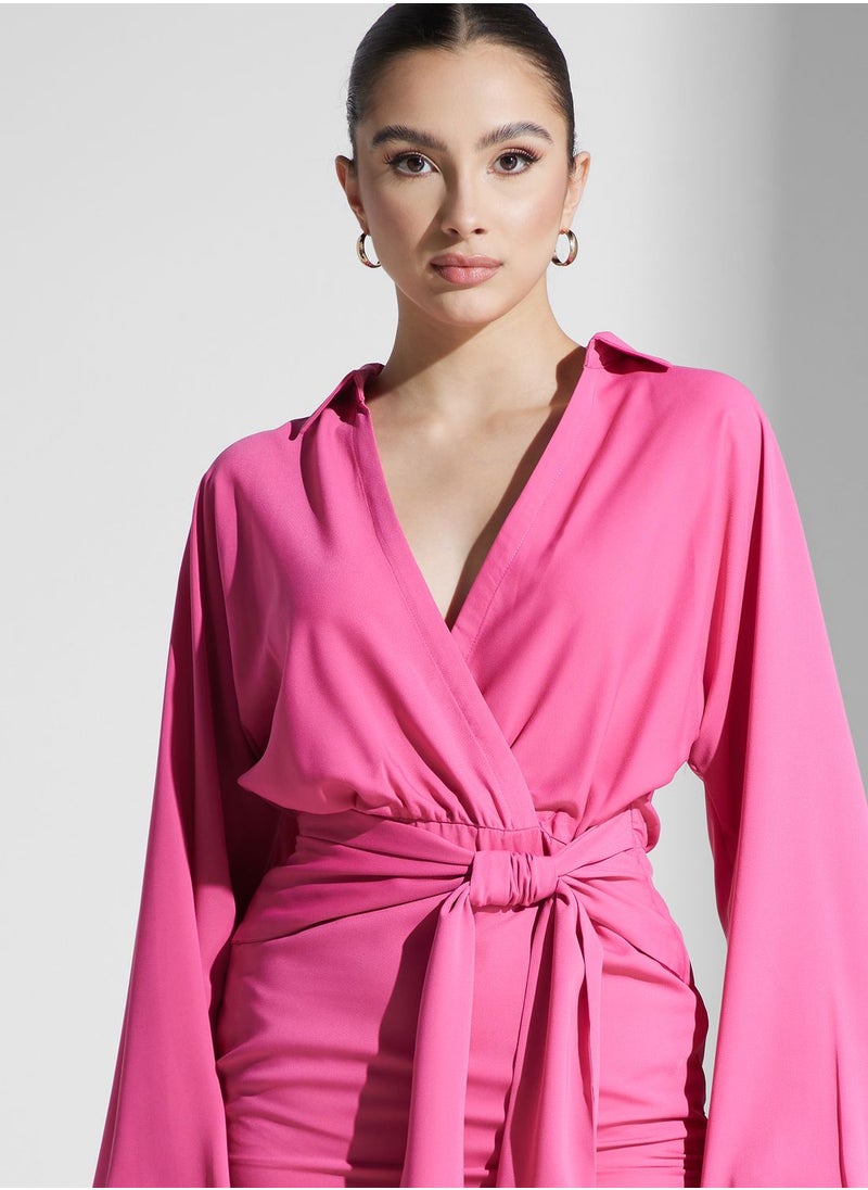 Balloon Sleeve Wrap Dress