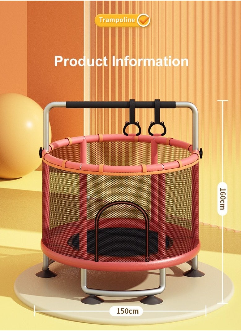 Trampoline, Indoor and Outdoor Trampoline with Fence Net, Children's Trampoline with Rings, Hammock, Sandbags (1.5m, Red)