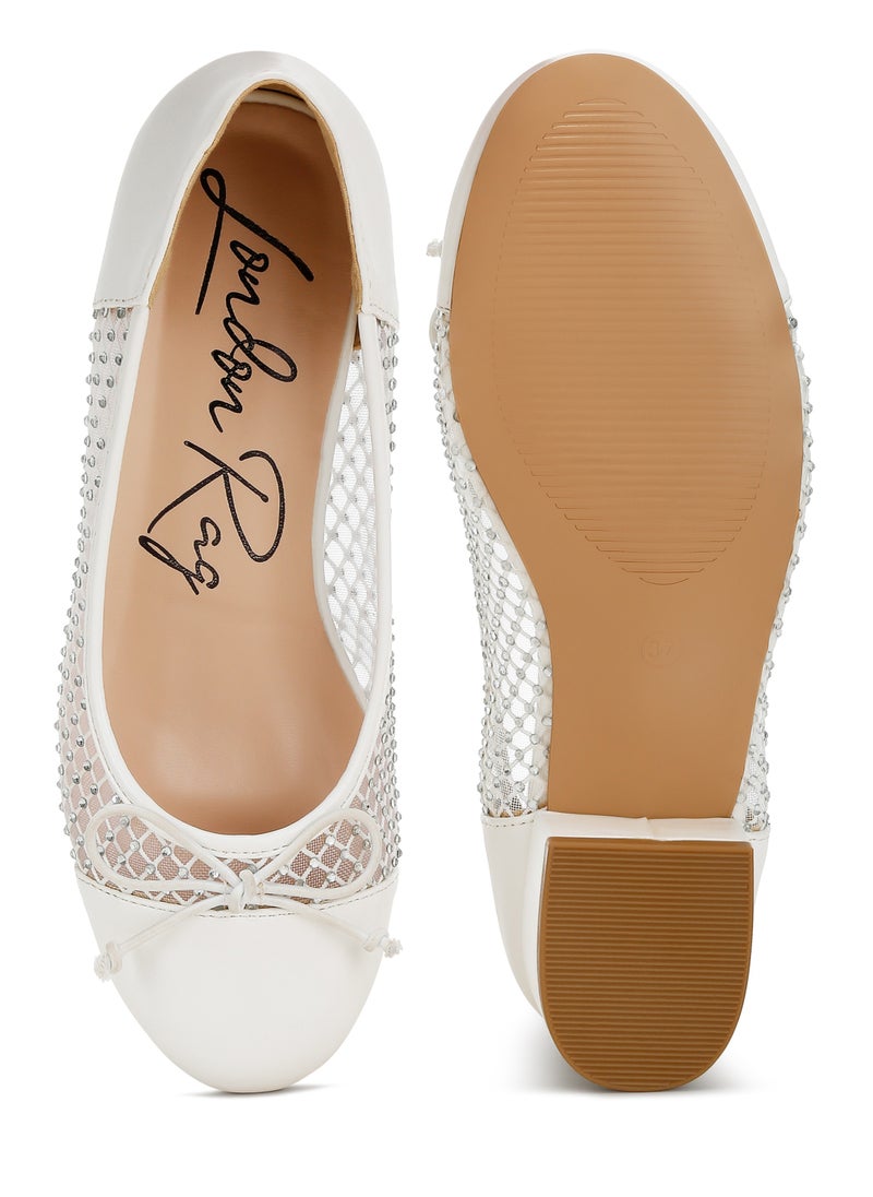 Rhinestone Detail Mesh Ballerinas in White