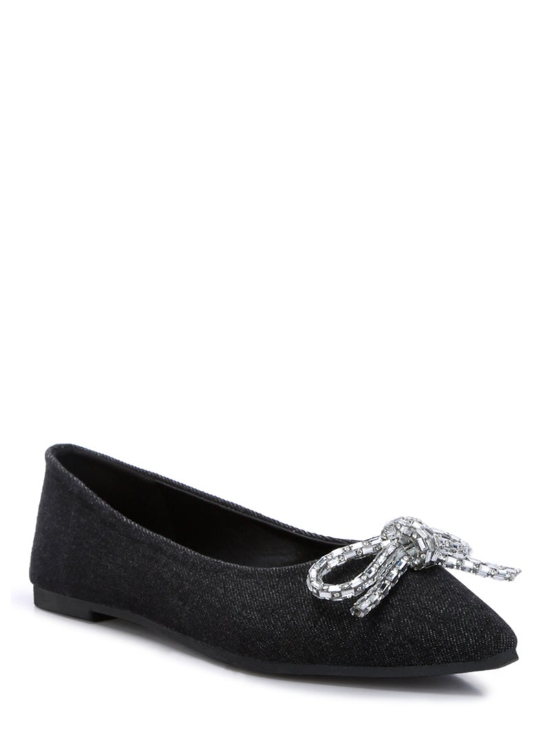 Embellished Bow Detail Ballet Flats in Black