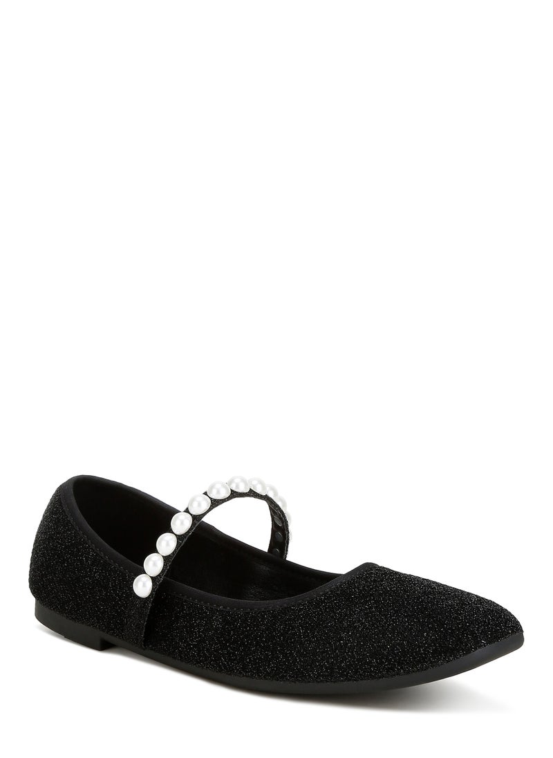 Pearl Strapped Glitter Ballerinas in Black