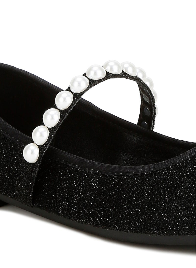 Pearl Strapped Glitter Ballerinas in Black