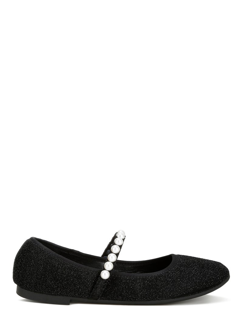 Pearl Strapped Glitter Ballerinas in Black