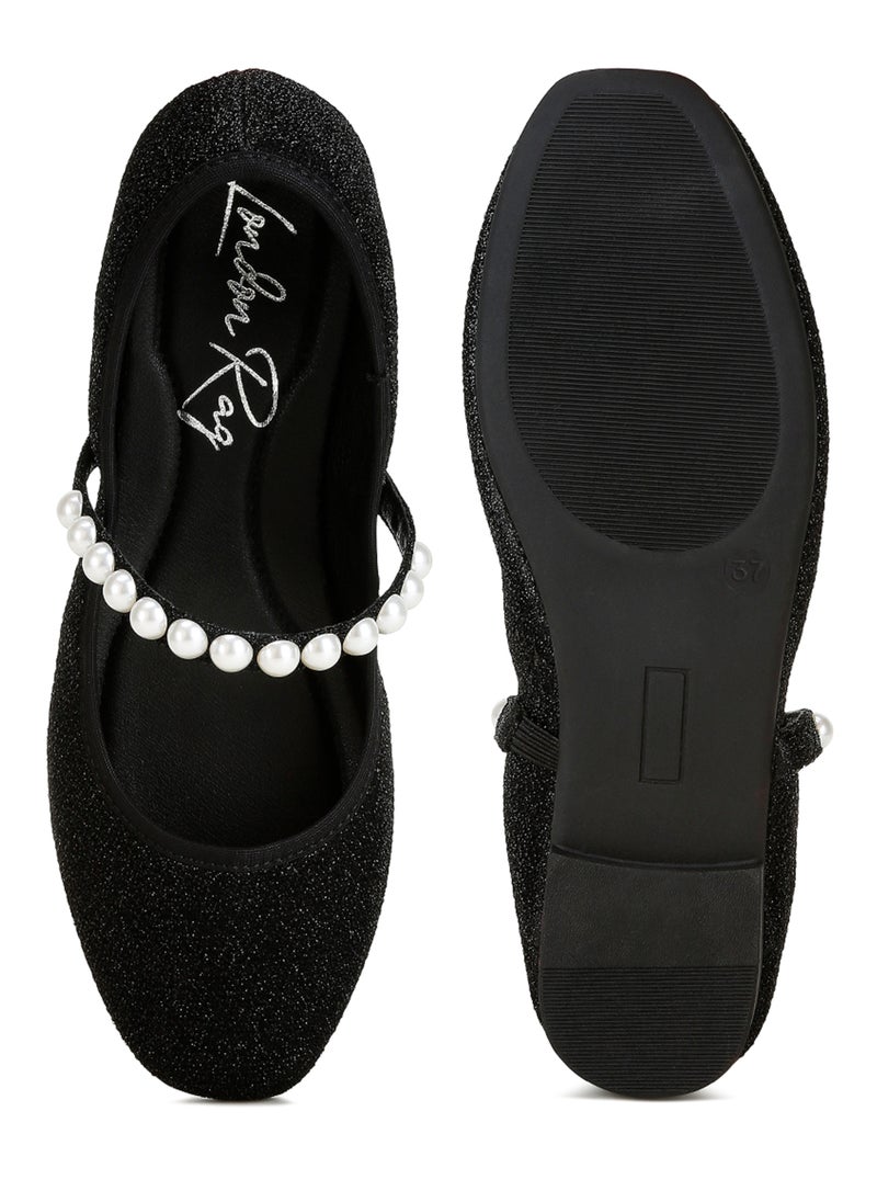 Pearl Strapped Glitter Ballerinas in Black