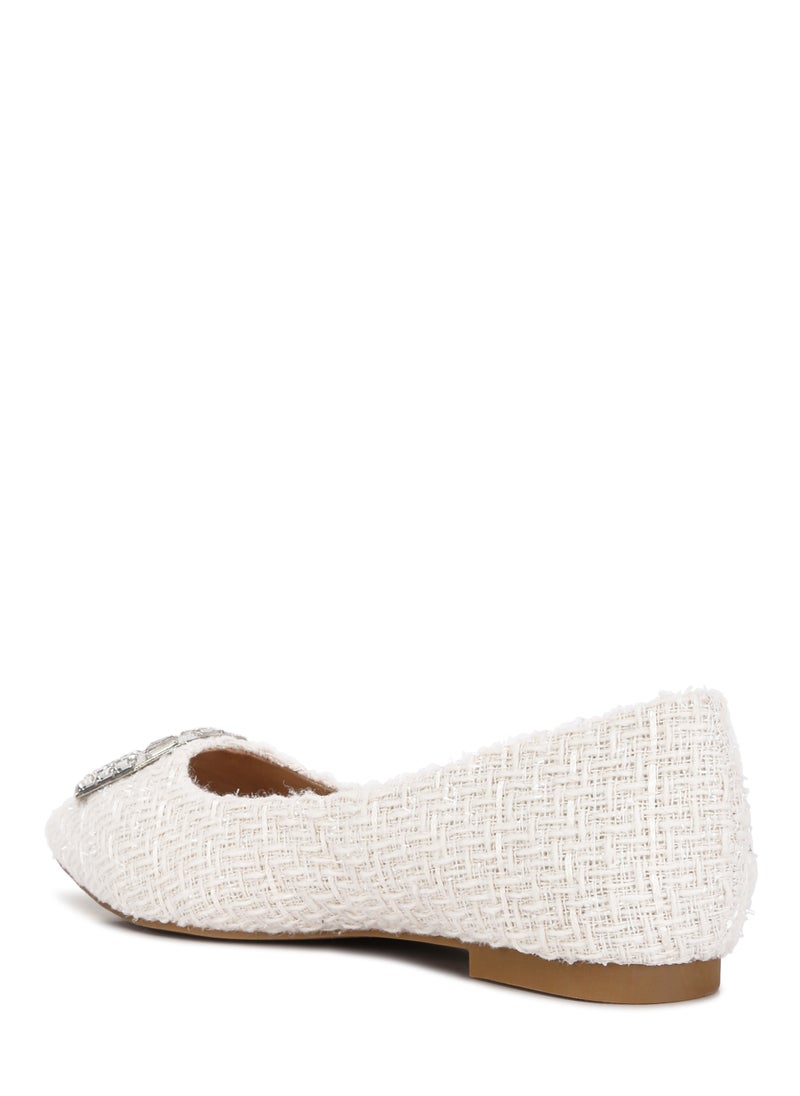 Embellished Jewel Buckle Tweed Ballet Flats in Beige