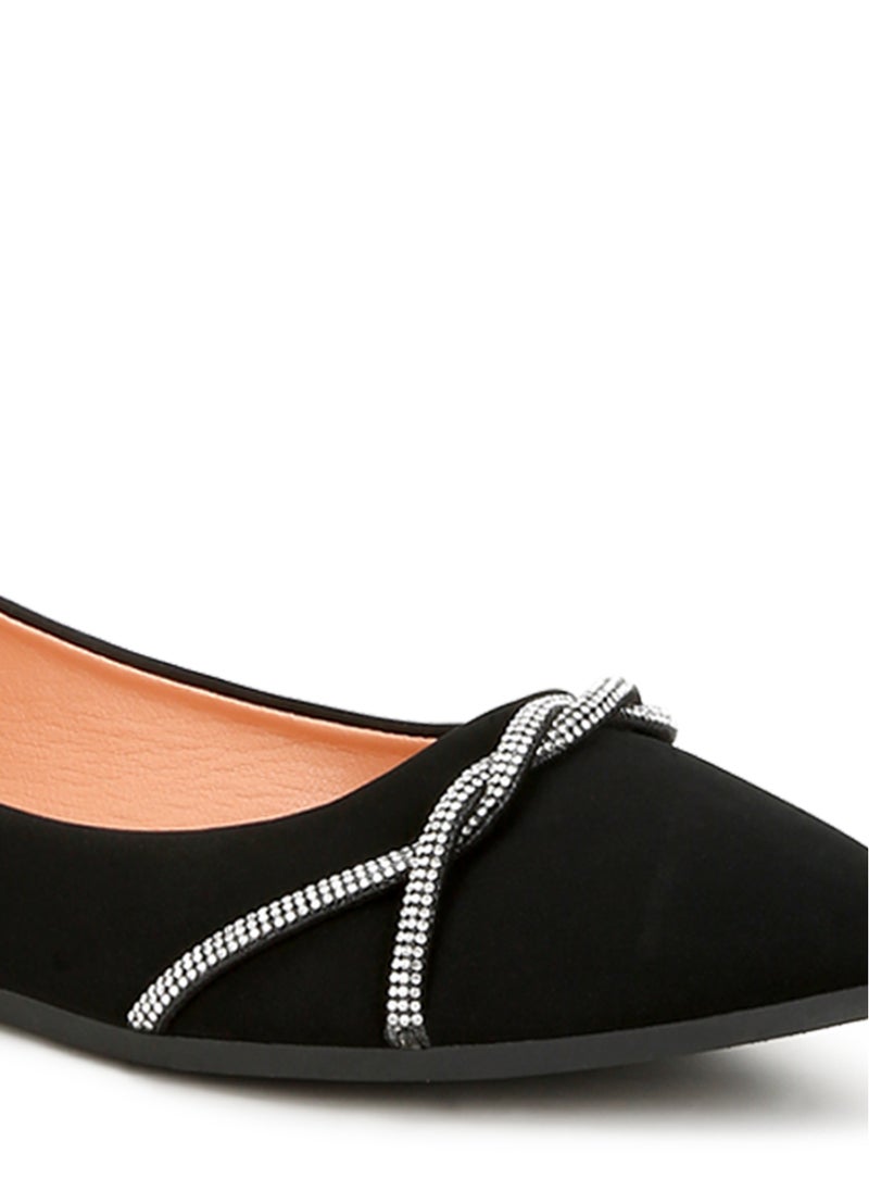 Rhinestone Faux Leather Ballerinas in Black