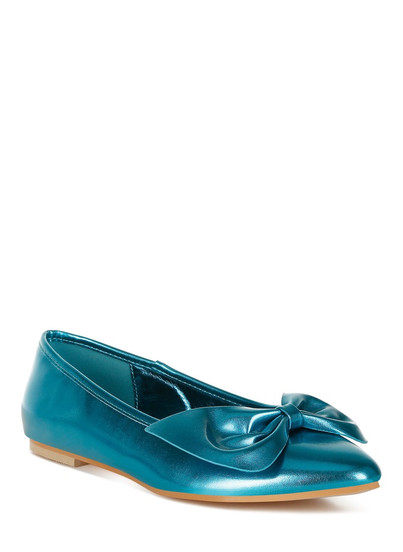 Metallic Pleather Bow Ballerinas in Blue