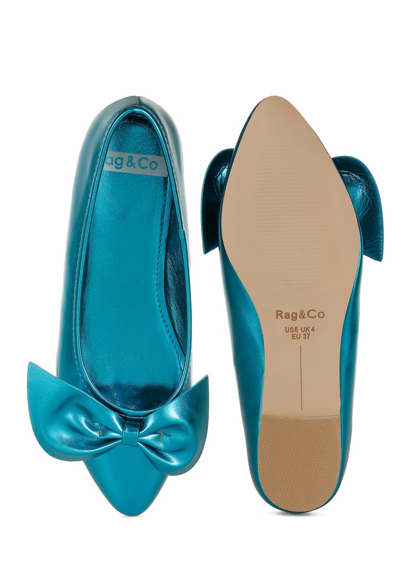 Metallic Pleather Bow Ballerinas in Blue