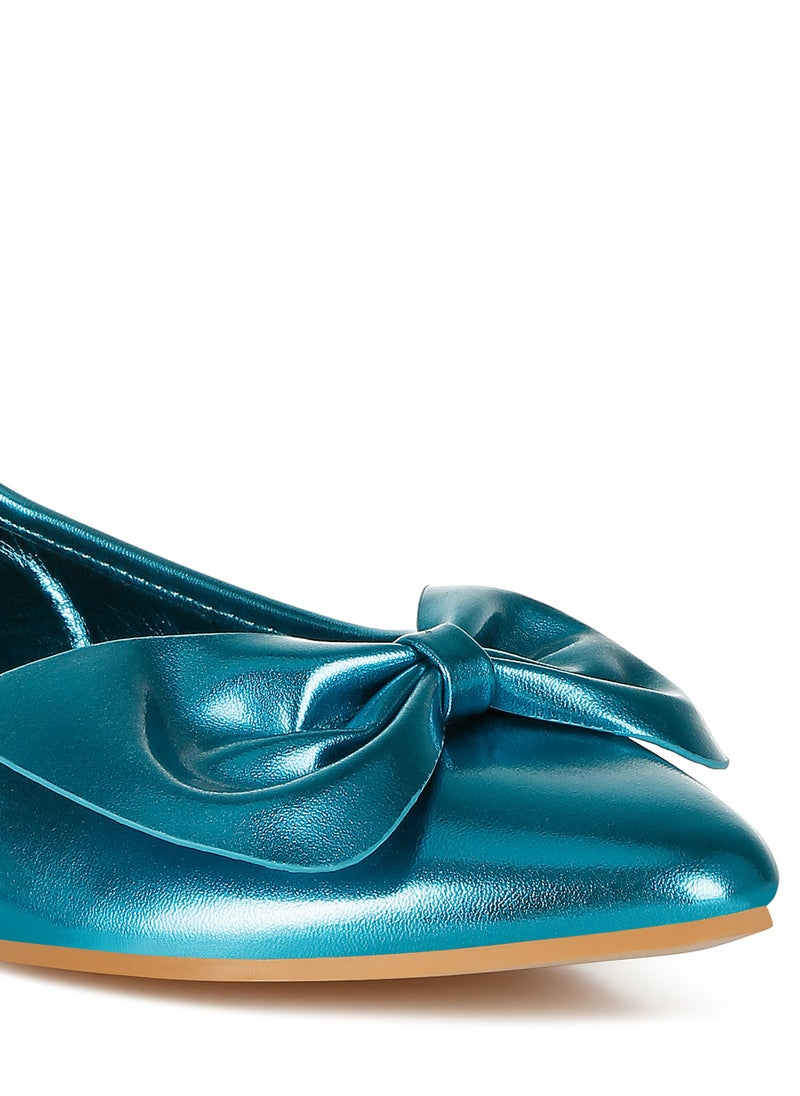 Metallic Pleather Bow Ballerinas in Blue