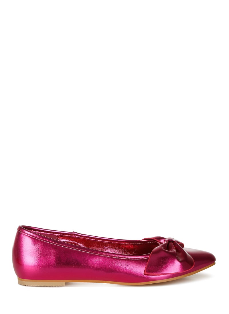 Metallic Pleather Bow Ballerinas in Fuchsia