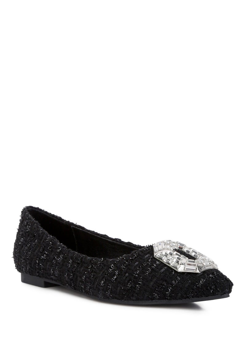 Embellished Jewel Buckle Tweed Ballet Flats in Black