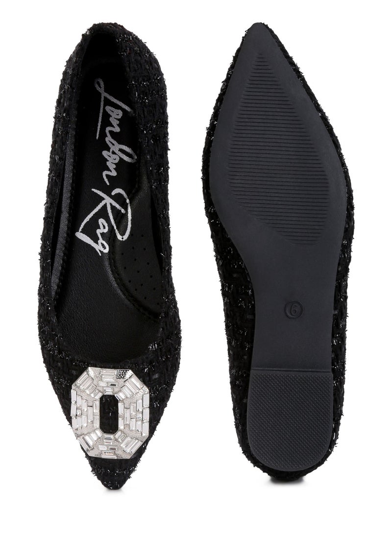 Embellished Jewel Buckle Tweed Ballet Flats in Black