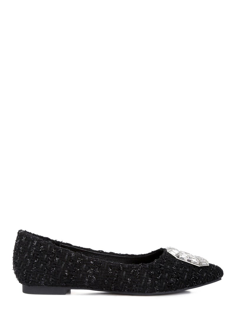 Embellished Jewel Buckle Tweed Ballet Flats in Black